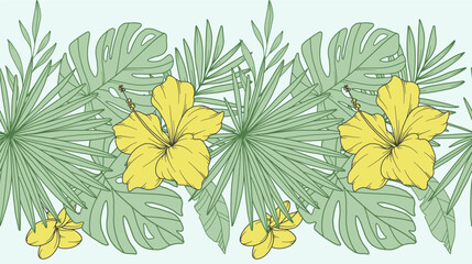 Seamless Flower Border with Tropical Plants and Flowers. Seamless Horizontal  Floral Background. Line Art Drawing. Minimalist Flower Design. Flower garland seamless. Border Frame
