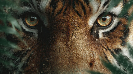 Closeup of tiger face with intense eyes peering through green foliage, showing detailed fur texture and natural beauty in wild