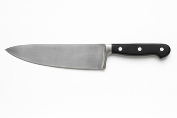 A sizable chef's knife displayed against a plain white backdrop