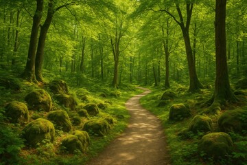 Obraz premium A lush woodland scene featuring a trail, verdant moss-covered stones, and ancient trees during summer