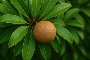 A sapodiilla fruit encircled by foliage