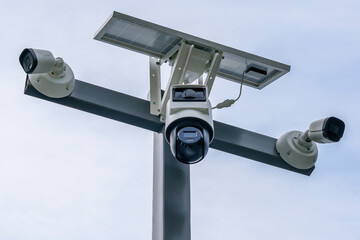 Outdoor surveillance cameras with solar panel. Security and control system