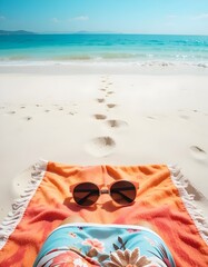 Footsteps to Paradise: A moment of relaxation, sun, sea, and the promise of an ideal escape on a perfect day. The sun and sea inviting viewer to embrace the freedom and joy of a beach getaway.