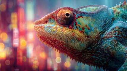 Obraz premium Colorful chameleon close up with detailed scales and textured skin, vibrant reptile eye, and blurred city lights background creating lively mood