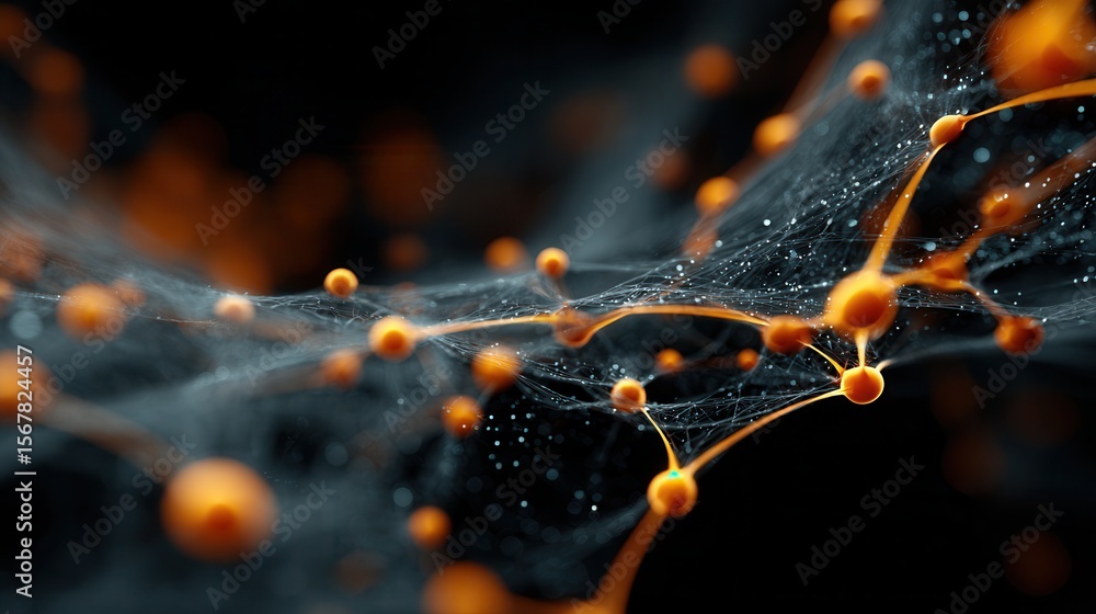 Poster abstract visualization of molecular structure with orange and black background