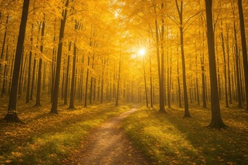 Fototapeta premium Stunning fall woodland with amber leaves and sunlight