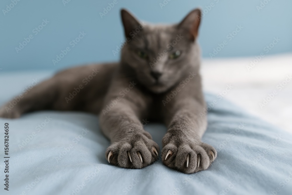 Poster a soft-focus image of a gray feline resting peacefully on a bed, with its claws and paws clearly vis