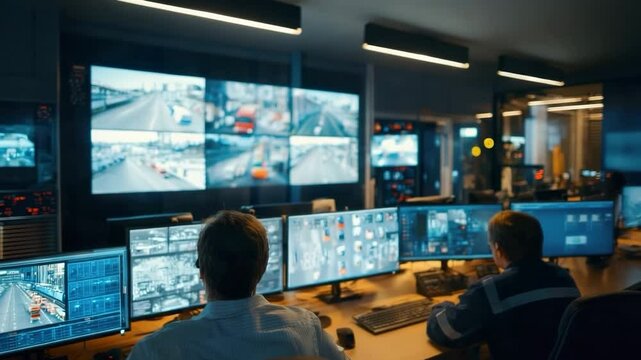 Control room with staff monitoring smart logistics via screens - Powered by Adobe