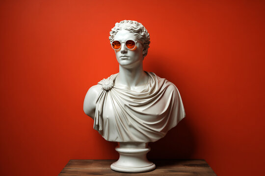 Cool Marble Statue Wearing Sunglasses on Orange Background Modern Classical Art Concept