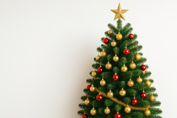 Elegant holiday tree adorned with gold and red ornaments