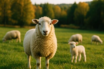 Obraz premium A rural scene featuring a sheep among lush greenery and fellow sheep in an open landscape.