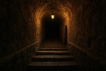 Fototapeta premium An old stone staircase leads down into a shadowy, historic underground passageway.