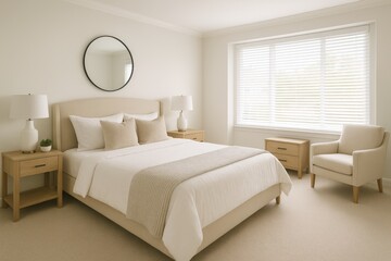 Fototapeta premium Cosy bedroom decor featuring spacious windows and sleek white blinds