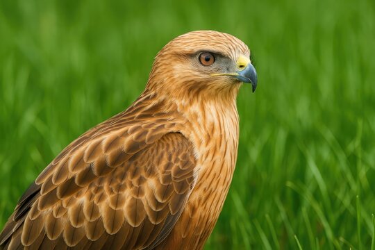 A tall bird of prey standing amidst lush green grass