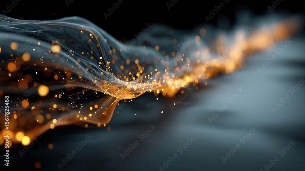 Poster ethereal flow of light particles with waves on dark background