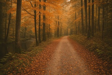 Fototapeta premium Vintage-inspired scenic hiking path amid fall foliage in rural woods