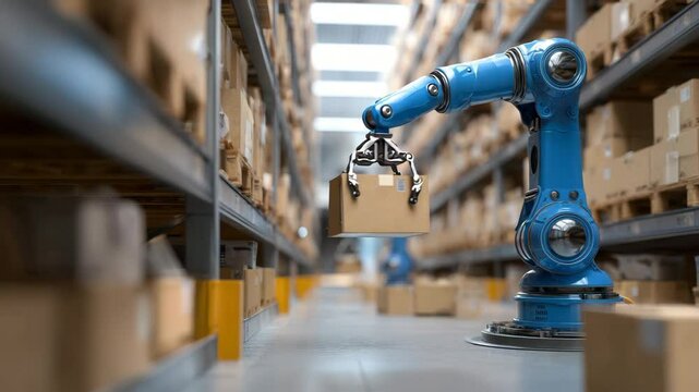 Side view of robot placing item on shelf in warehouse - Powered by Adobe