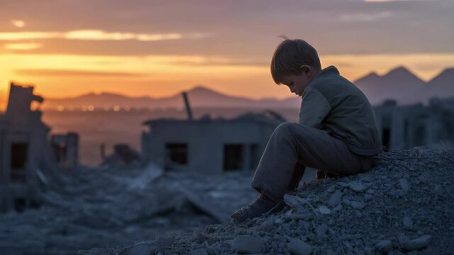 Young boy amidst ruins at sunset humanitarian crisis war aftermath