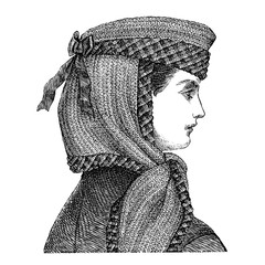 Victorian fashion line drawing women fashion accessories 