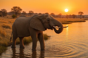 Fototapeta premium Wild African Elephant grazing along a riverbank