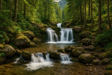 Fototapeta premium Charming miniature waterfall nestled in lush woodland