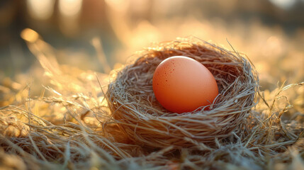 egg in a basket on the dried grass