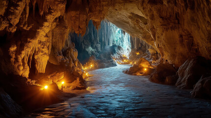 Enchanting Cave Pathway: Mysterious Rocks and Glimmering Lights Leading Into the Depths