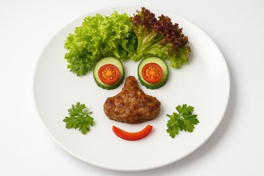 A culinary creation featuring a face assembled from meat and vegetables