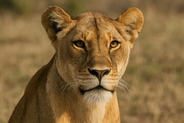 Close-up of a female African lion's face focusing on her head