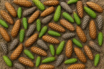 Fototapeta premium A collection of mixed pine and spruce cones on sandy woodland ground with natural forest surroundings