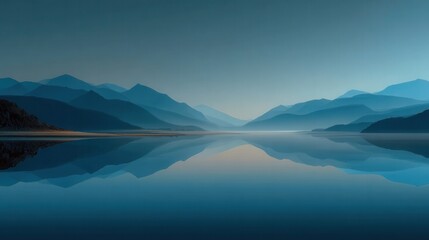Serene Mountain Landscape with Calm Waters and Soft Blue Tones