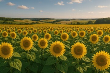 Obraz premium Stunning landscape featuring vibrant sunflower fields in rural areas