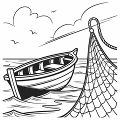 Fisherman Vector  Boat and Wide Net
