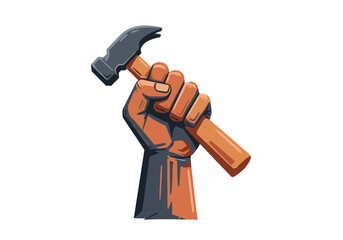 Raised hand holding hammer in vector style