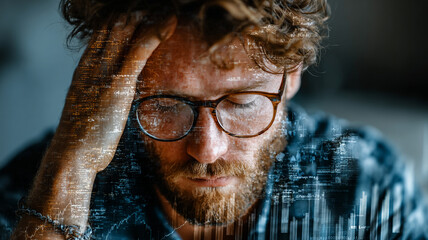 Stressed man with glasses holding head, double exposure with financial graphs and data, showing tension and focus in modern business environment