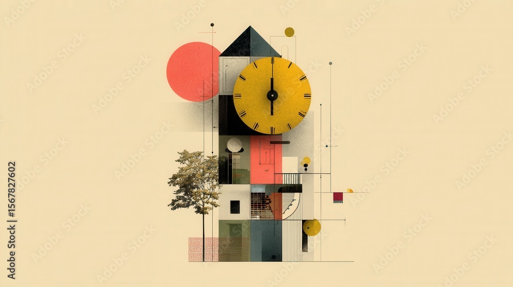 Poster abstract geometric house design with clock and simple shapes