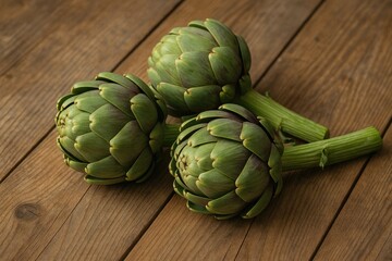 Obraz premium Artichokes arranged on a rustic wooden surface