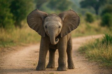 Obraz premium Young elephant adopting defensive stance