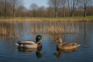 Obraz premium Two ducks resting on a springtime pond with tranquil waters and bare trees in the distance