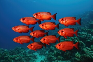 Naklejka premium A school of large-eyed fish swimming near vibrant coral formations