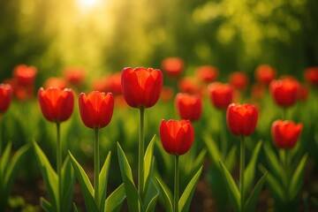 Obraz premium Stunning sunlight illuminating vibrant tulip blooms