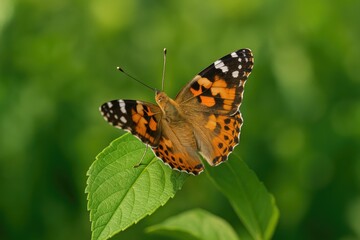 Fototapeta premium Close-up of a vibrant green leaf with a butterfly perched on it