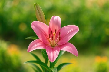 Fototapeta premium Stunning Pink Lily Bloom in the Garden Setting