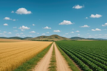 Naklejka premium Farming zones with vast grasslands under a clear blue sky on a bright summer day along a rural path