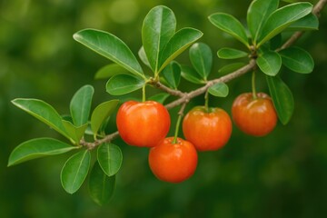 Fresh Barbados cherry (Malpighia glabra L.) harvested from the garden