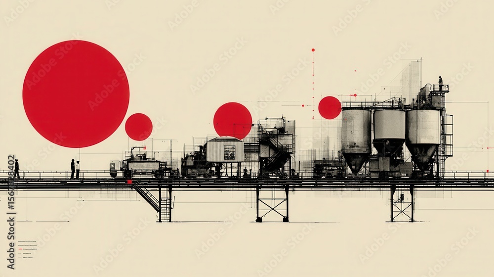 Poster industrial structure with red circles and abstract design elements