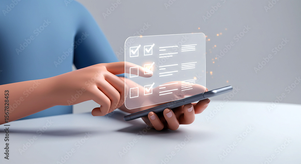 Poster hands holding smartphone with digital checklist interface displayed above the screen clearly visible