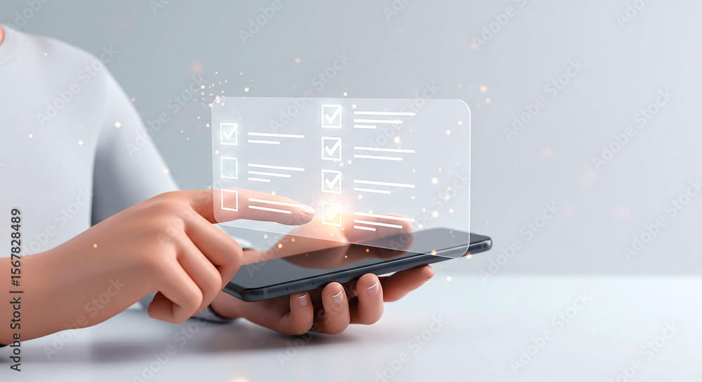 Poster person using smartphone with digital checklist interface in a bright and clean environment