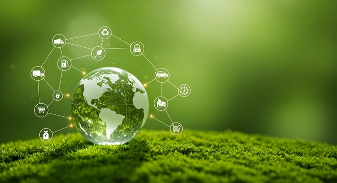 Sustainable Transportation & Renewable Resources, Global Network. Sustainable global transport. logistics or travel by Ship, car, train, airplane, truck, with clean energy and eco friendly process