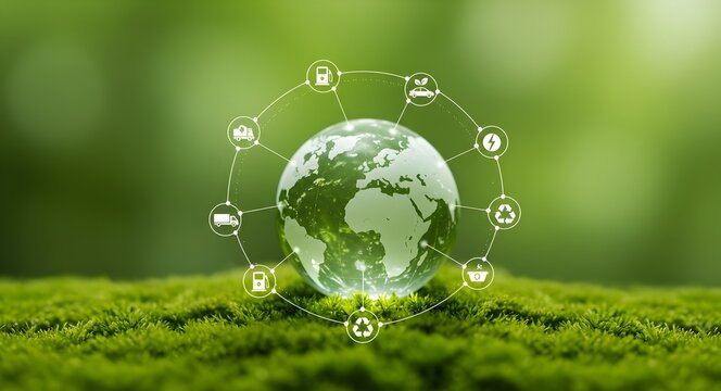 Sustainable Transportation & Renewable Resources, Global Network. Sustainable global transport. logistics or travel by Ship, car, train, airplane, truck, with clean energy and eco friendly process 